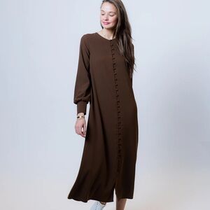 Brown Long Sleeve Button-Front Maxi Dress